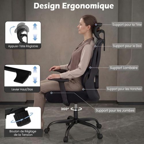 Chaise Bureau Ergonomique,fauteuil De Bureau Avec Appuie-tête, Soutien Lombaire Et Accoudoirs,noir