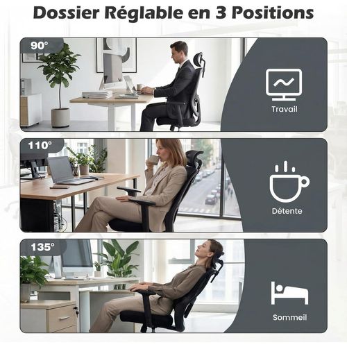 Chaise Bureau Ergonomique,fauteuil De Bureau Avec Appuie-tête, Soutien Lombaire Et Accoudoirs,noir