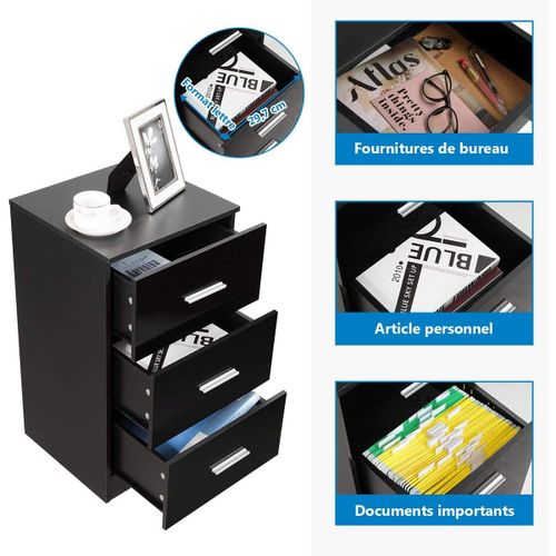 Caisson Bureau Laquée 3 Tiroirs Pour Feuilles A4,commode Tiroir Rangement(noir, Lot De 1)