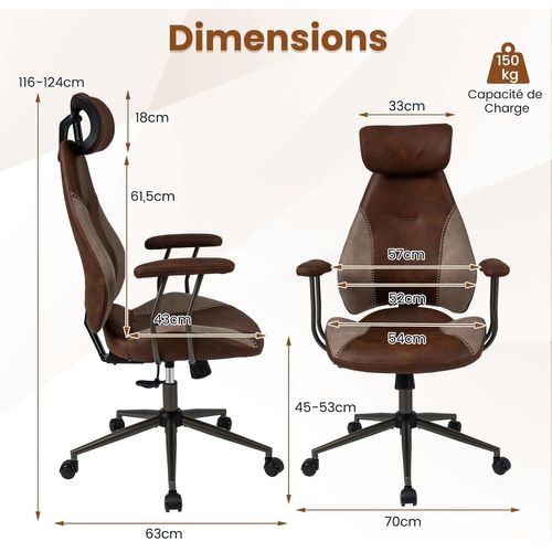 Chaise De Bureau,fauteuil Ergonomique Avec Appuie-tête Réglable,dossier Inclinable(marron)