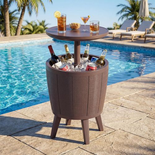 Table Glacière 38l Pour Jardin 2 En 1 Avec Plateau Relevable, Seau à Glace D'extérieur(marron)
