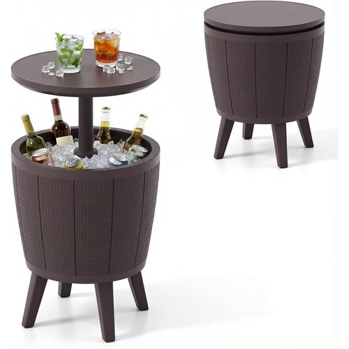 Table Glacière 38l Pour Jardin 2 En 1 Avec Plateau Relevable, Seau à Glace D'extérieur(marron)