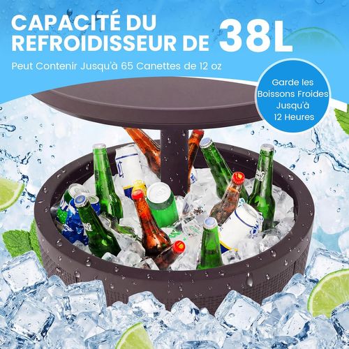 Table Glacière 38l Pour Jardin 2 En 1 Avec Plateau Relevable, Seau à Glace D'extérieur(marron)