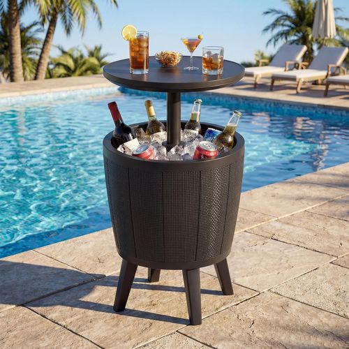 Table Glacière 38l Pour Jardin 2 En 1 Avec Plateau Relevable, Seau à Glace D'extérieur(noir)