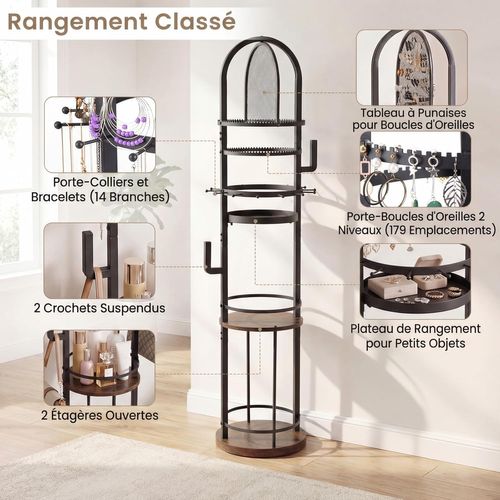 Presentoir Bijoux Sur Pied Rotatif à 360°,6 Niveaux, Porte-boucles D'oreilles(noir+industriel)