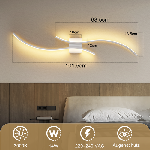 Applique Murale LED Vague – 14w 100cm3000k Blanc Chaud Moderne Pour Couloir