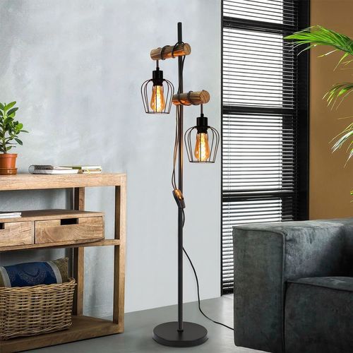 Lampadaire Salon Noir Bois Vintage 2 Lumières (2 Ampoules Incluses)  E27 H. 151cm