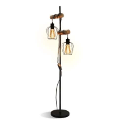 Lampadaire Salon Noir Bois Vintage 2 Lumières (2 Ampoules Incluses)  E27 H. 151cm
