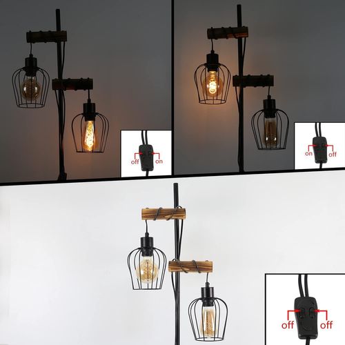 Lampadaire Salon Noir Bois Vintage 2 Lumières (2 Ampoules Incluses)  E27 H. 151cm