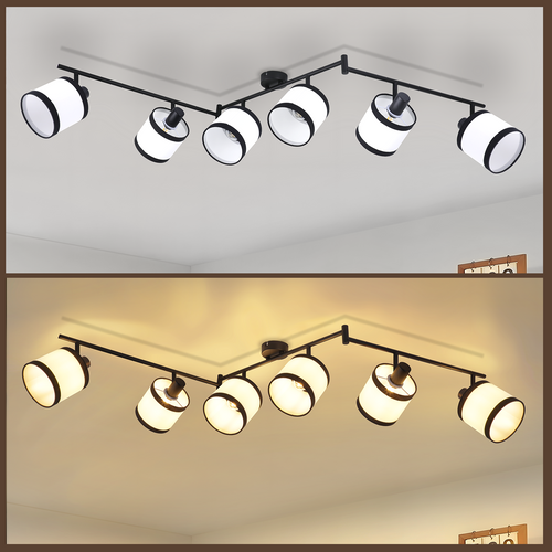 Spot De Plafond 6 Flammes Noir Vintage E14 Plafonnier Tissu Rétro Salon Chambre Et Couloir