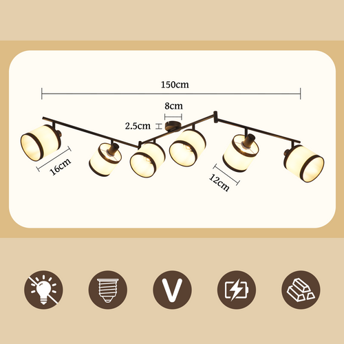 Spot De Plafond 6 Flammes Noir Vintage E14 Plafonnier Tissu Rétro Salon Chambre Et Couloir