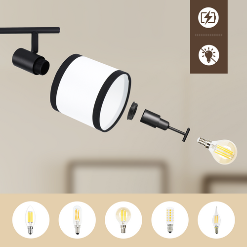 Spot De Plafond 6 Flammes Noir Vintage E14 Plafonnier Tissu Rétro Salon Chambre Et Couloir