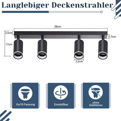Spot De Plafond 4 Flammes Noir Lampe De Plafond Métal Gu10 Pour Chambre Couloir