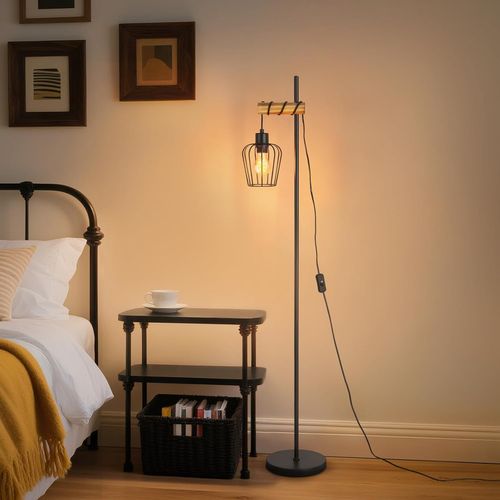 Lampadaire Salon Vintage 1 Flamme Métal Bois Noir E27 H.146 Cm