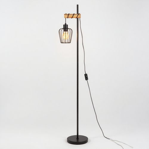 Lampadaire Salon Vintage 1 Flamme Métal Bois Noir E27 H.146 Cm