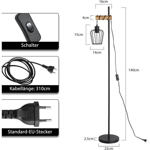 Lampadaire Salon Vintage 1 Flamme Métal Bois Noir E27 H.146 Cm