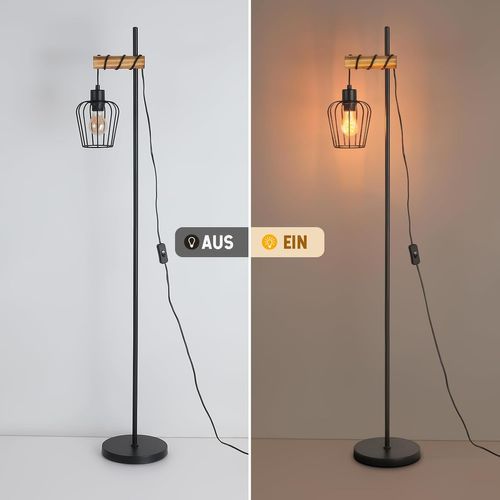 Lampadaire Salon Vintage 1 Flamme Métal Bois Noir E27 H.146 Cm