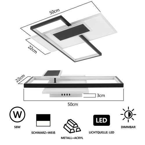 Plafonnier LED Noir/blanc Dimmable 58w Design Moderne Télécommande