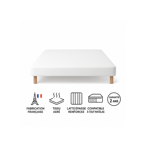 Sommier Tapissier Blanc 140x200 Cm - Fabrication Française Artisanale - Pieds s - Hauteur Avec