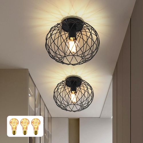Plafonnier Noir Vintage E27 Rétro Pour Couloir, Max. 40 W – Lot De 2 Avec 3 Ampoules Incluses-30cm