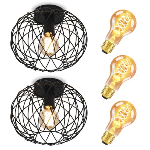 Plafonnier Noir Vintage E27 Rétro Pour Couloir, Max. 40 W – Lot De 2 Avec 3 Ampoules Incluses-30cm