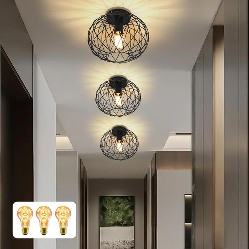 Plafonnier Noir Vintage E27 Rétro Pour Couloir, Max. 40 W – Lot De 3 Avec 3 Ampoules Incluses-30cm