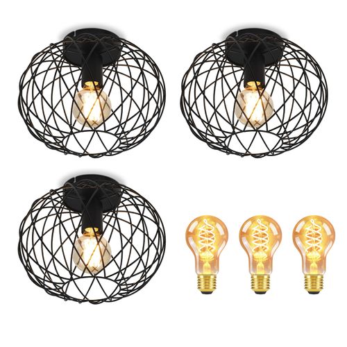 Plafonnier Noir Vintage E27 Rétro Pour Couloir, Max. 40 W – Lot De 3 Avec 3 Ampoules Incluses-30cm