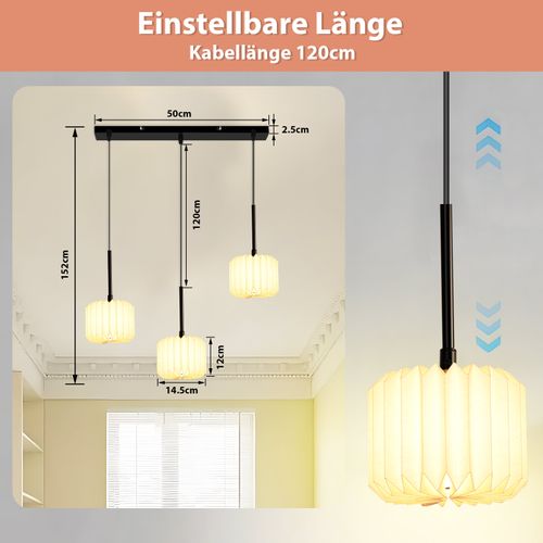 Suspension Vintage Longue Réglable – Abat-jour Papier 3 Lumières (sans Ampoule)