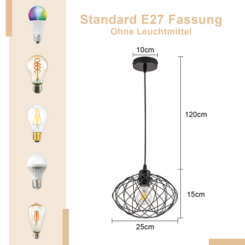 Lustre Suspendu 120 Cm Noir - Style Rétro Cage, E27 - Lot De 3 Avec 3 Ampoules Incluses
