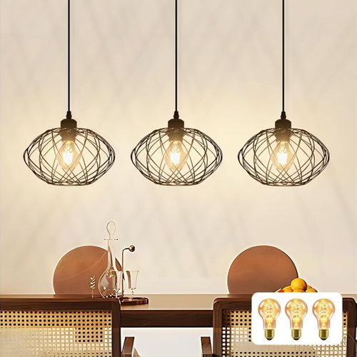 Lustre Suspendu 120 Cm Noir - Style Rétro Cage, E27 - Lot De 3 Avec 3 Ampoules Incluses