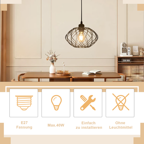 Lustre Suspendu 120 Cm Noir - Style Rétro Cage, E27 - Lot De 3 Avec 3 Ampoules Incluses