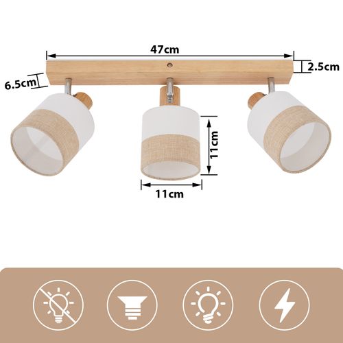 Spot Plafond 3 Flammes Vintage E14 – En Bois Et Tissu, Orientable 350°, Max 25w (sans Ampoule)
