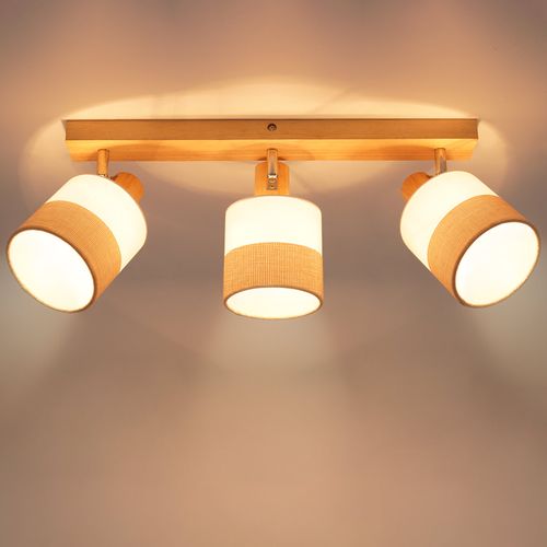 Spot Plafond 3 Flammes Vintage E14 – En Bois Et Tissu, Orientable 350°, Max 25w (sans Ampoule)