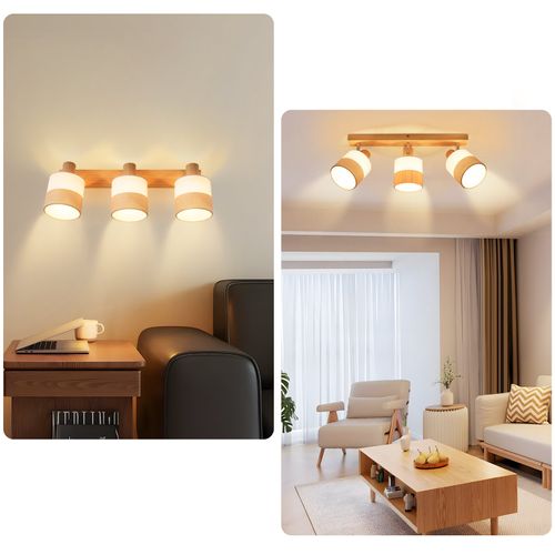 Spot Plafond 3 Flammes Vintage E14 – En Bois Et Tissu, Orientable 350°, Max 25w (sans Ampoule)