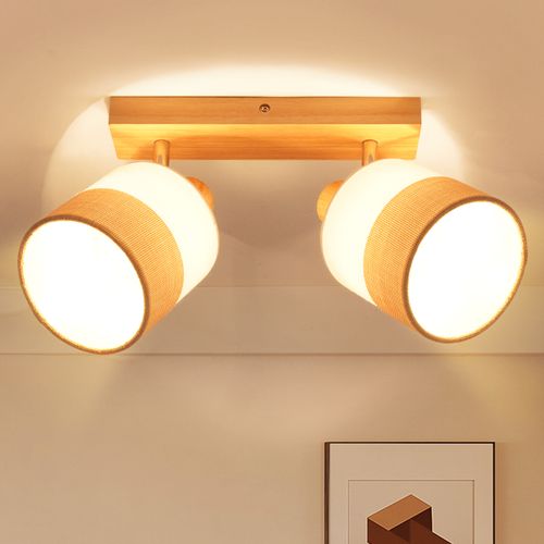 Spot Plafond 2 Flammes Vintage E14 – En Bois Et Tissu, Orientable 350°, Max 25w (sans Ampoule)