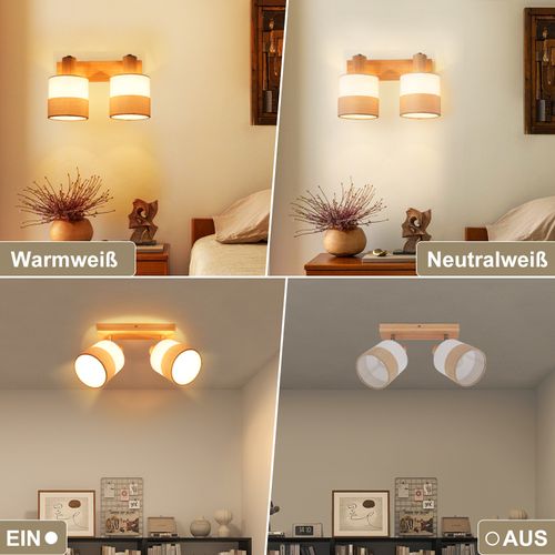 Spot Plafond 2 Flammes Vintage E14 – En Bois Et Tissu, Orientable 350°, Max 25w (sans Ampoule)