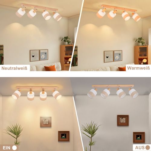 Spot Plafond 4 Flammes Vintage – Bois Et Tissu, Orientable 350°, E14 25w (sans Ampoule)