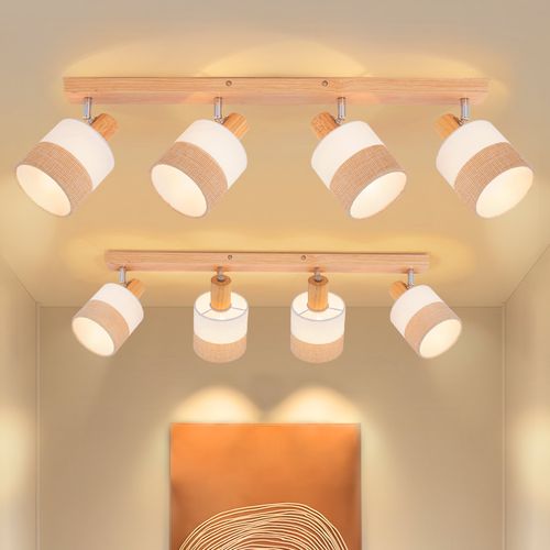 Spot Plafond 4 Flammes Vintage – Bois Et Tissu, Orientable 350°, E14 25w (sans Ampoule)