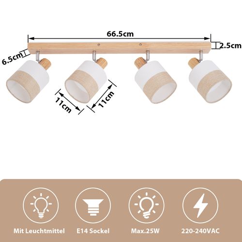 Spot Plafond 4 Flammes Vintage – Bois Et Tissu, Orientable 350°, E14 25w (sans Ampoule)