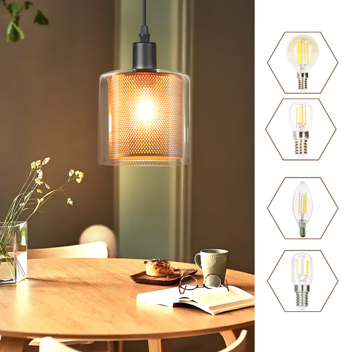Suspension Vintage – Verre Doré, Câble 2m Avec Interrupteur, E14. Style Rétro Pour Intérieur.