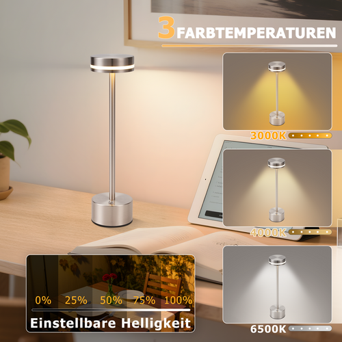 Lampe à Poser LED De Table - Sans Fil à Piles Tactile Intensité Variable H.32cm- Argent- Lot De 2