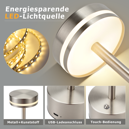 Lampe à Poser LED De Table - Sans Fil à Piles Tactile Intensité Variable H.32cm- Argent- Lot De 2