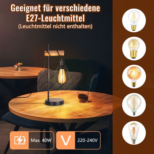 Lampe De Table Salon Vintage En Bois Noir Lampe De Chevet Industriel  Lampe De Table E27 Métal