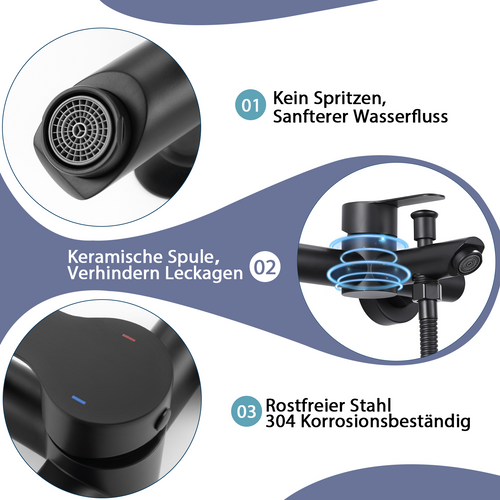 Robinet Mitigeur Rond à Tirette Noir Kit De Douche 3 Pièces