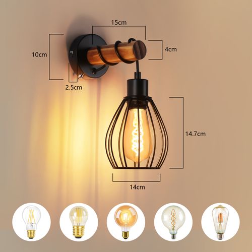 Applique Murale En Bois Noir E27 Industriel - Sans Ampoule