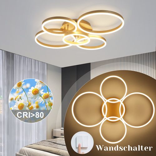 Plafonnier LED De Salon à Intensité Variable 78 W 3 000-6 500 K, 5 Anneaux Dorés En Acrylique