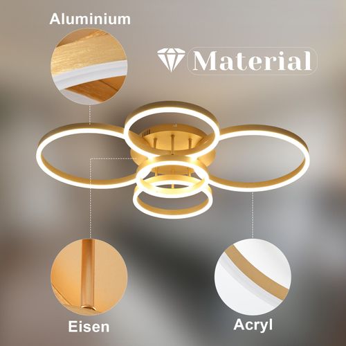 Plafonnier LED De Salon à Intensité Variable 78 W 3 000-6 500 K, 5 Anneaux Dorés En Acrylique