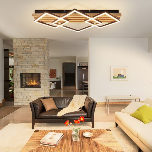 Plafonnier LED Bois: 70cm, Dimmable, Moderne, 46w, Carré Noir