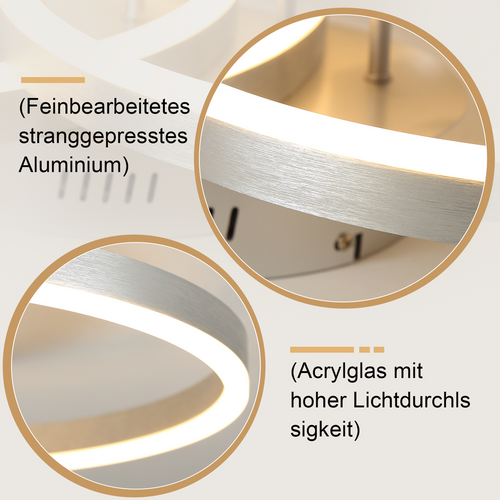 Plafonnier LED Intensité Variable, 59 Cm, Avec Télécommande, 2 Anneaux En Acrylique Argent, 46 W