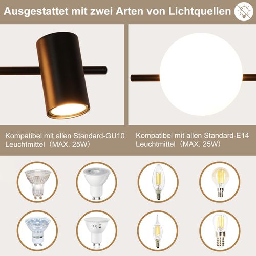 Spot De Plafond 2 Flammes Noir Plafonnier Moderne  Avec Gu10 Pivotant 40cm Métal Boule De Verre E14